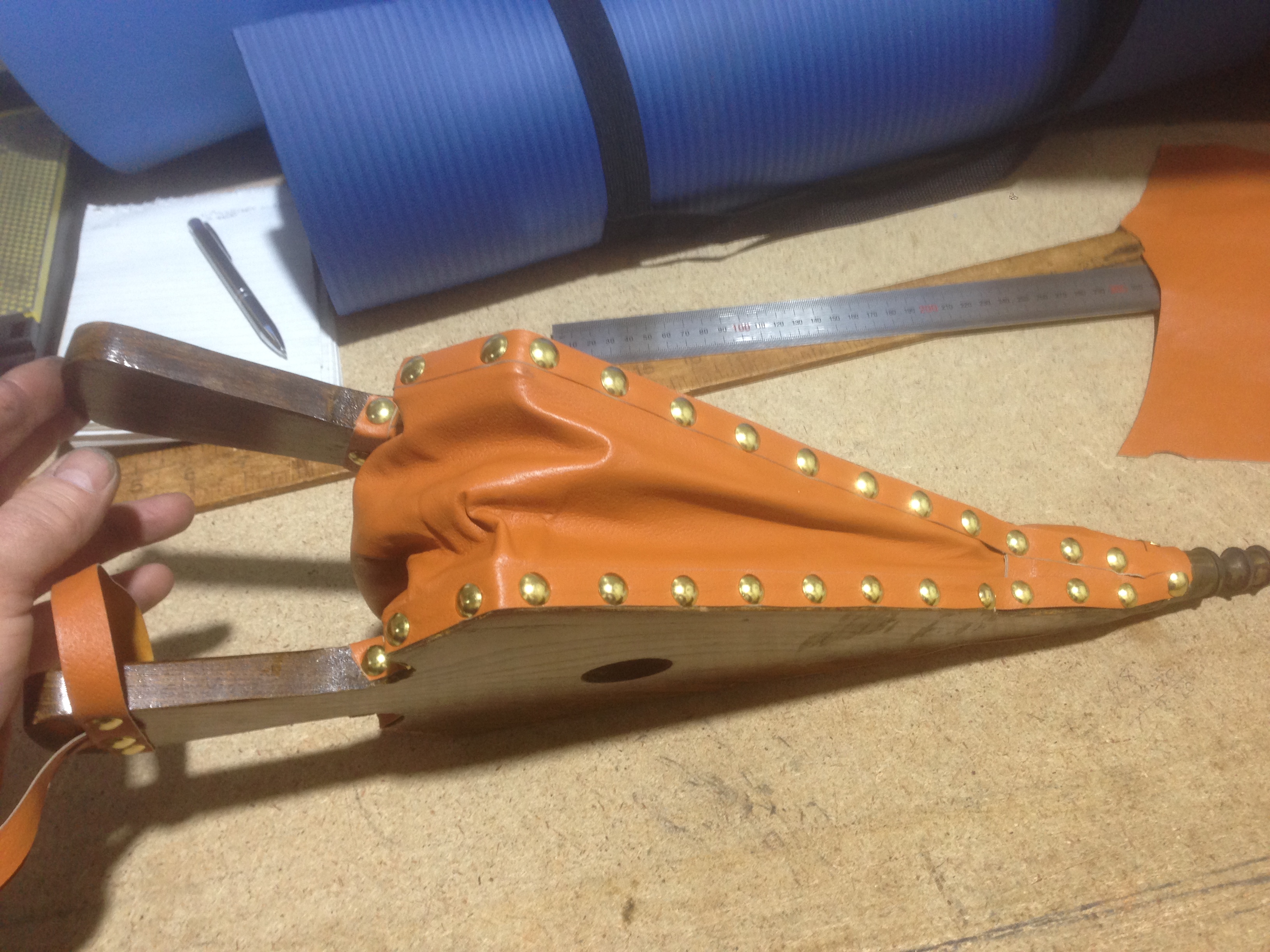 Leather bellows restoration with brass hardware